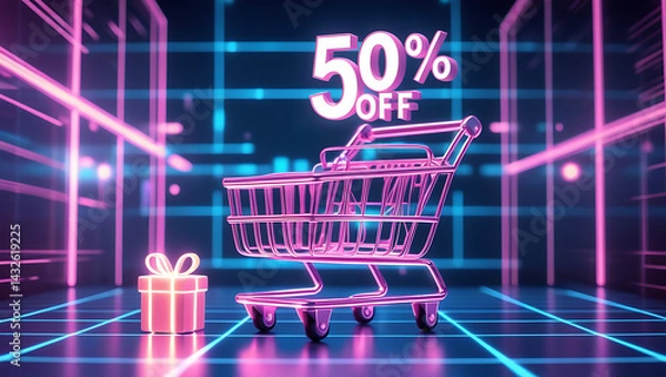 Fototapeta Neon glow shopping cart shows 50 discount on digital futuristic background. Gift box icon appears on digital surface. Online purchase concept. Techy sale promotion. Digital marketing app website 