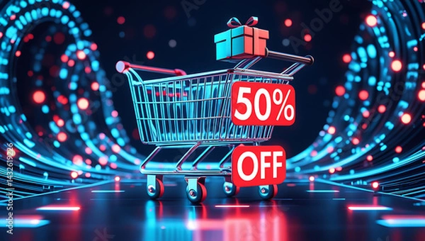 Fototapeta Neon glow shopping cart shows 50 discount on digital futuristic background. Gift box icon appears on digital surface. Online purchase concept. Techy sale promotion. Digital marketing app website 