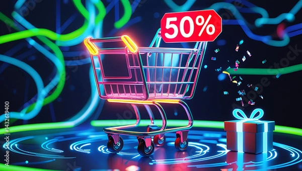 Fototapeta Neon glow shopping cart shows 50 discount on digital futuristic background. Gift box icon appears on digital surface. Online purchase concept. Techy sale promotion. Digital marketing app website 