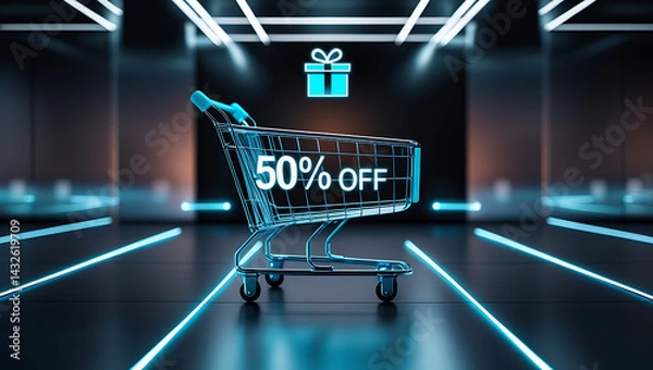Fototapeta Neon glow shopping cart shows 50 discount on digital futuristic background. Gift box icon appears on digital surface. Online purchase concept. Techy sale promotion. Digital marketing app website 