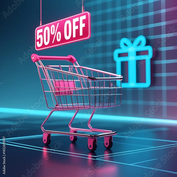 Fototapeta Neon glow shopping cart shows 50 discount on digital futuristic background. Gift box icon appears on digital surface. Online purchase concept. Techy sale promotion. Digital marketing app website 