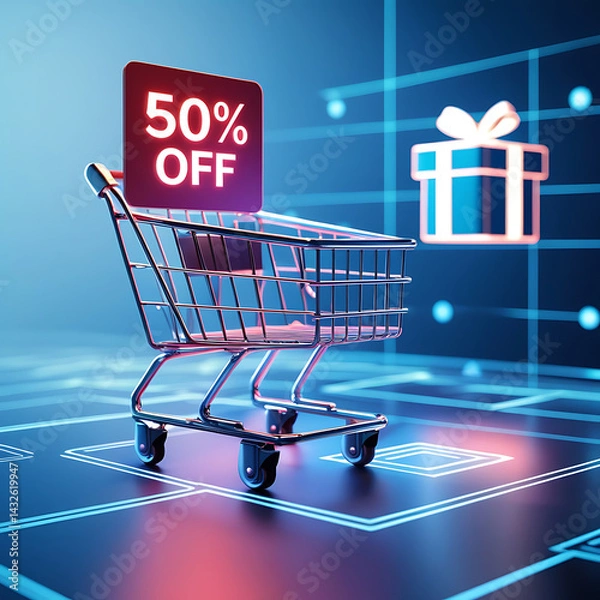 Fototapeta Neon glow shopping cart shows 50 discount on digital futuristic background. Gift box icon appears on digital surface. Online purchase concept. Techy sale promotion. Digital marketing app website 