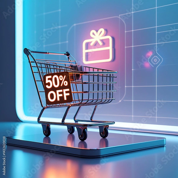 Fototapeta Neon glow shopping cart shows 50 discount on digital futuristic background. Gift box icon appears on digital surface. Online purchase concept. Techy sale promotion. Digital marketing app website 