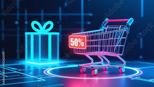 Fototapeta Neon glow shopping cart shows 50 discount on digital futuristic background. Gift box icon appears on digital surface. Online purchase concept. Techy sale promotion. Digital marketing app website 