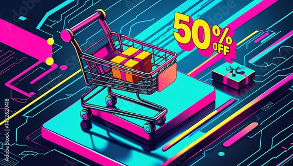 Fototapeta Neon glow shopping cart shows 50 discount on digital futuristic background. Gift box icon appears on digital surface. Online purchase concept. Techy sale promotion. Digital marketing app website 