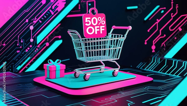 Fototapeta Neon glow shopping cart shows 50 discount on digital futuristic background. Gift box icon appears on digital surface. Online purchase concept. Techy sale promotion. Digital marketing app website 