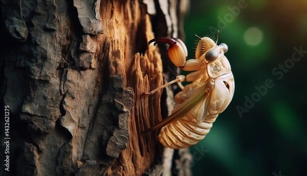 Fototapeta Cicada Shell A single empty cicada shell clings to the bark of a