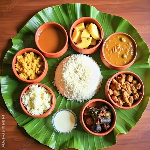 Obraz Authentic Bengali Lunch Thali with Rice, Curries, and Sweets on Banana Leaf