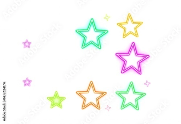 Obraz Bright Neon Stars on White Background. A festive collection of vibrant neon stars in various colors against a clean white background