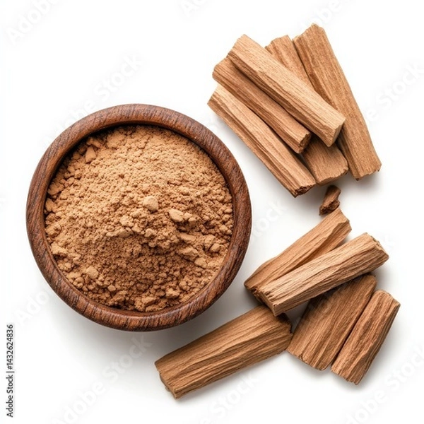 Obraz Fresh and dried sandalwood powder, isolated on white background, used in incense making