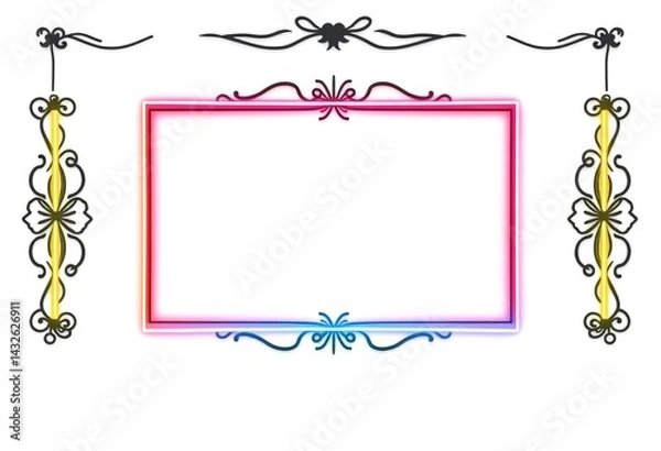 Fototapeta Elegant Neon Frame with Ornate Border Design. A vibrant neon-colored frame with intricate ornate borders