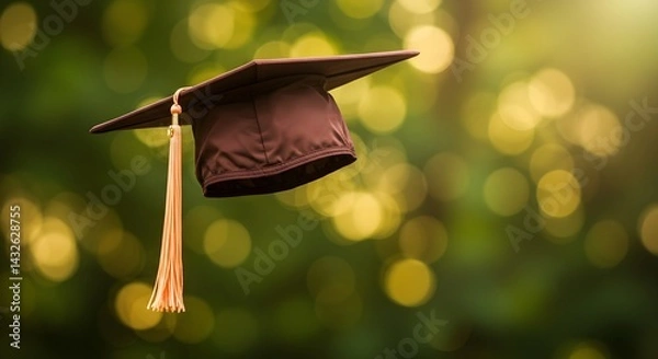 Fototapeta A maroon graduation cap with a peach tassel hangs in the air against a bokeh background of green and yellow.