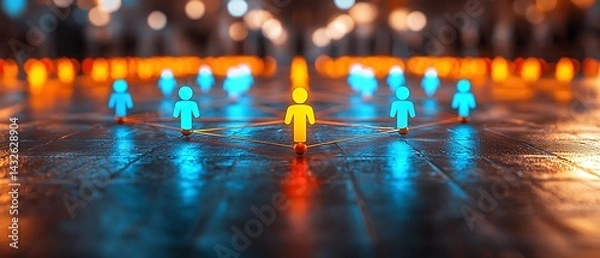Obraz Depicts interconnected figures in network, bathed in blue and orange light