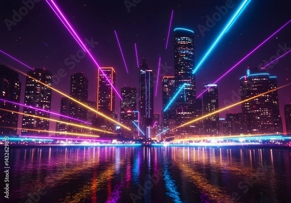 Fototapeta Vibrant city skyline at night, illuminated by colorful neon lights and laser beams reflecting on the calm water.