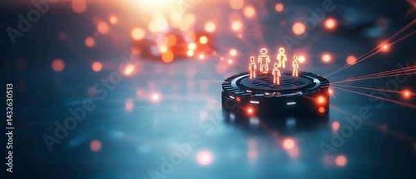 Obraz Digital avatar group on a platform, glowing connections and bokeh. Futuristic, abstract design