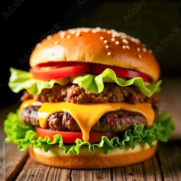 Obraz Close-up of a Juicy Homemade Burger with Cheese, Lettuce, and Tomato