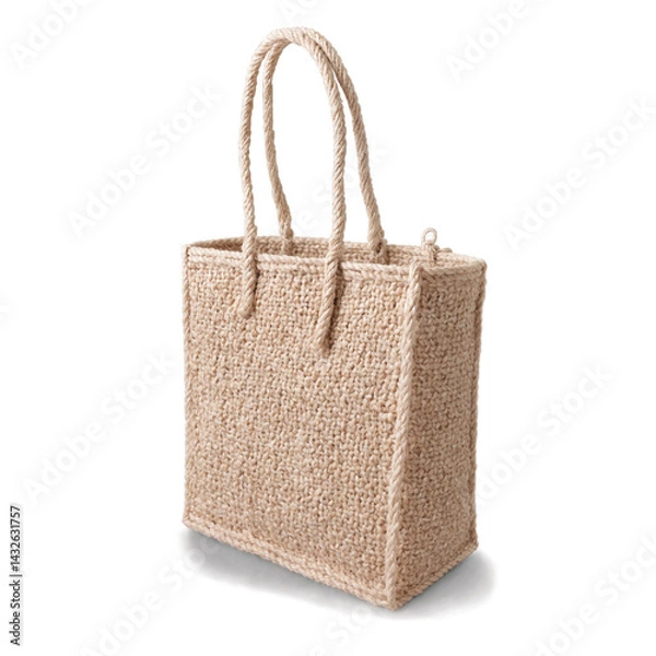 Obraz Beige jute tote with rope handles and plain weave clothing display transparent background isolated png stock