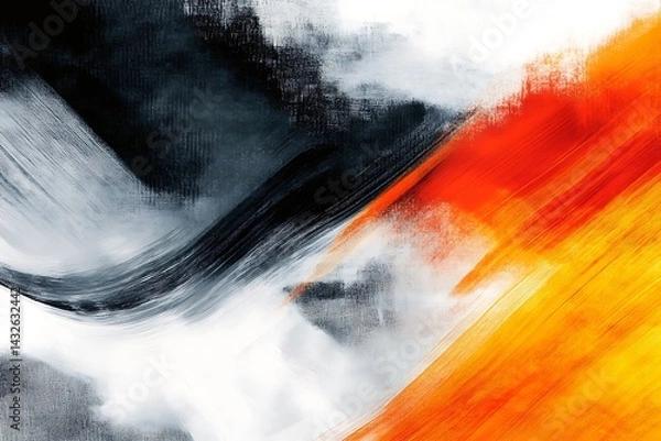 Fototapeta Bold black, orange, and white abstract fluid design with dynamic splashes and vibrant color contrast