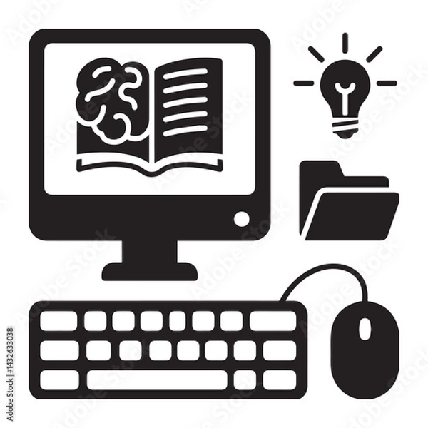 Obraz Simple Flat Black And White pictogram describing knowledge work with a computer. use symbols like brain, book, bulb, file, mouse, keyboard, monitor. do not show a person body.