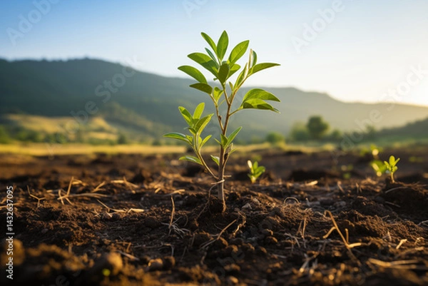 Obraz Young Plant In Soil With Mountain Background