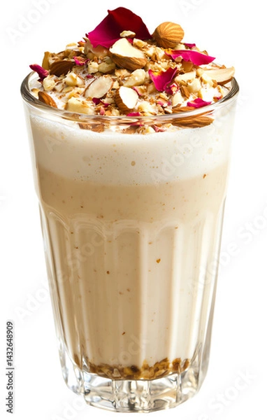Obraz Rich Indian badam lassi with nuts and floral garnish in a glass isolated PNG