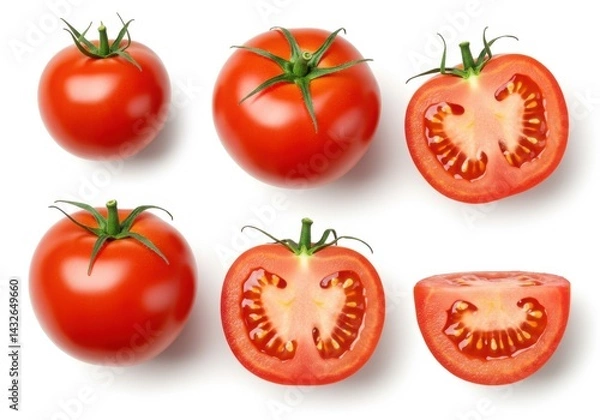Fototapeta Arrangement of whole and halved tomatoes with green stems on a white background surface view