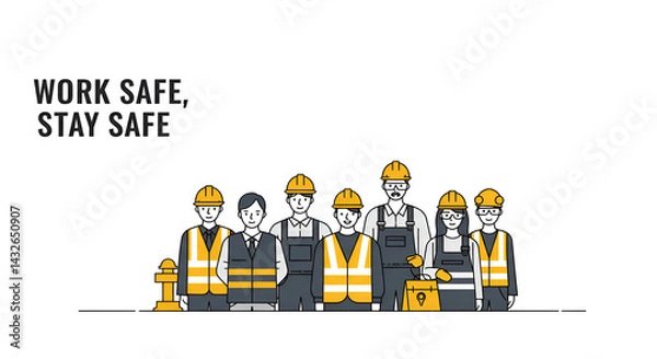 Fototapeta Minimalist design of safety slogan: 'Work Safe, Stay Safe' with illustration of workers in gear on white background