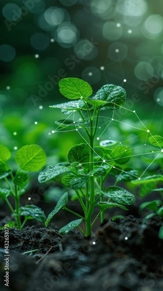 Obraz Young plants growing in fertile soil, connected by digital network, blurred bokeh background