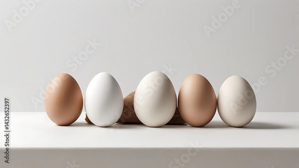 Fototapeta White and brown eggs on white background. 3d render illustration.