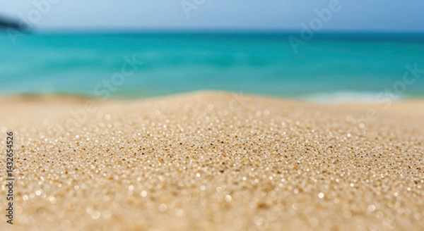Fototapeta Close-up of sparkling sand grains with turquoise ocean water in soft focus background. Beach macro. Tropical vacation texture. Summer holiday concept. Natural seashore detail. Marine environment.
