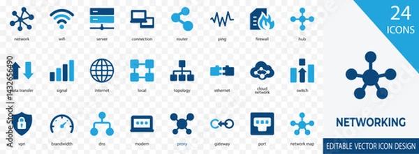 Fototapeta A clean and modern vector icon set representing key networking elements like WiFi, servers, routers, data transfer, and cloud networks.