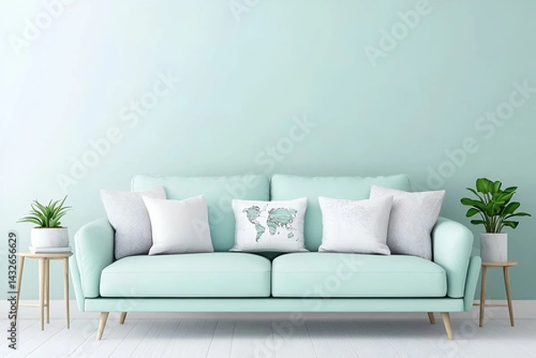 Fototapeta Serene teal sofa living room interior design