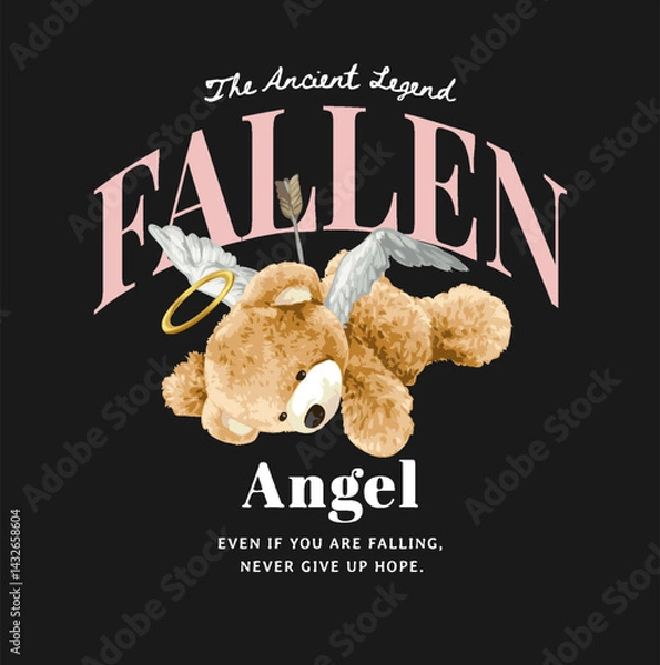 Obraz fallen angel slogan with bear doll angel with arrow on back vector illustration on black background