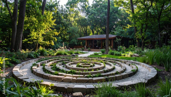 Obraz serene garden featuring stone labyrinth surrounded by lush greenery and trees, creating peaceful atmosphere