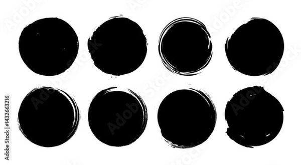 Obraz Round Black Grunge Shapes. Frames for Design, Brush Stroke Elements. Vector Isolated on White Background.