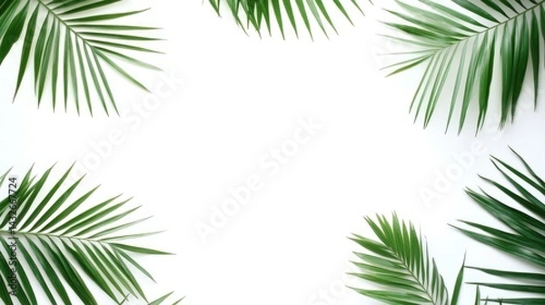 Fototapeta Traveler accessories, tropical palm leaf branches on white background 