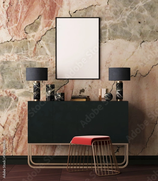 Fototapeta Mockup Poster in art deco style interior. Poster on the background of a marble wall. 3d illustration. 3d rendering.