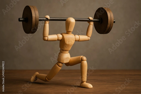 Fototapeta A wooden mannequin demonstrates strength training with a barbell. The scene captures the dedication to fitness and the art of weightlifting, emphasizing movement and focus.