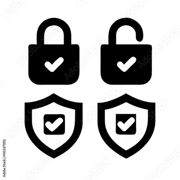 Obraz Set of security shield icons, security shields logotypes with check mark and padlock.. Security Shield Vector Line Icon Set. Security shield outline symbols with check mark and padlock.