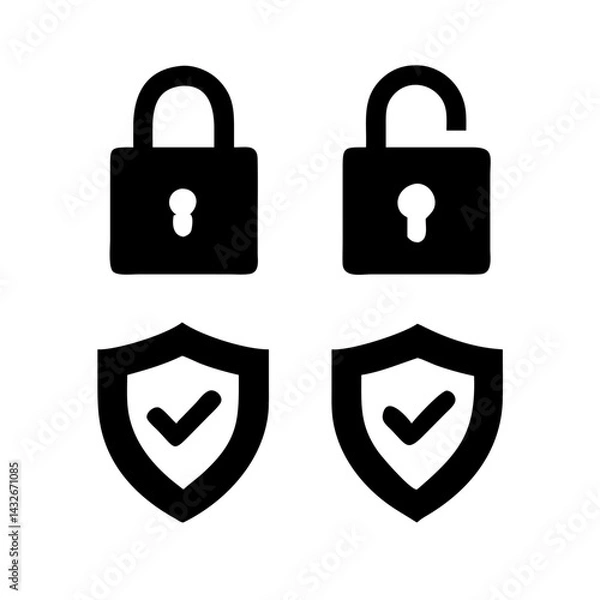 Obraz Set of security shield icons, security shields logotypes with check mark and padlock.. Security Shield Vector Line Icon Set. Security shield outline symbols with check mark and padlock.