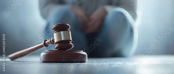 Obraz Gavel in front of a person sitting down with hands clasped on their knees