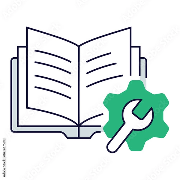 Fototapeta User Manual with Settings. Open book and gear symbolizing user guide or support instructions