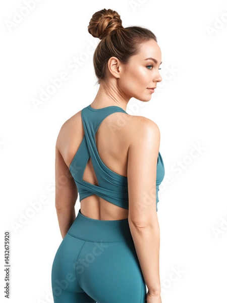 Fototapeta luxe teal yoga top with a wrap-around design at the back. The stretchy, moisture-wicking fabric allows for a full range