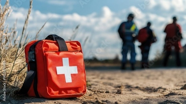 Fototapeta Emergency Kit and Rescue Team in Background. Red first aid kit sits in focus as rescue workers stand by emergency vehicles, ready for medical response.