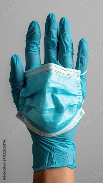 Obraz Gloved hand holding a face mask against a gray background