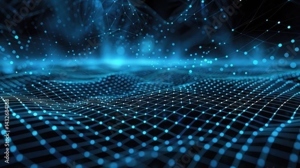 Obraz Abstract Technology Background With Interconnected Dot,Dynamic hexagonal grid in shades of dark blue and cyan, with glowing connections representing data flow