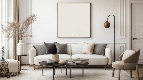 Fototapeta A blank banner in spacious living room with the elegant design.