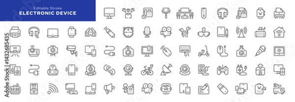 Fototapeta Electronic devices line icon set. Smart mobile gadgets, computer, laptop, phone, tablet, watch, speaker and technology. Outline vector icon in linear style. Series of pictograms.
