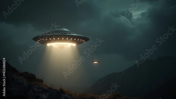 Fototapeta Nocturnal encounter: UFOs casting a mysterious light in the landscape