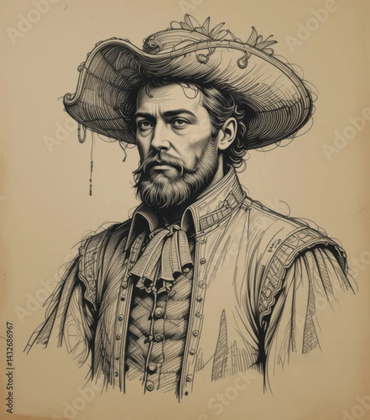 Obraz Portrait of a man dressed in a Renaissance costume, hand drawn. 